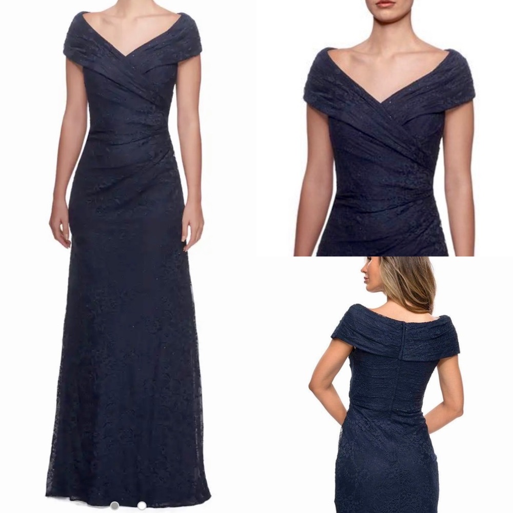 La Femme Navy Blue Lace Formal Gown